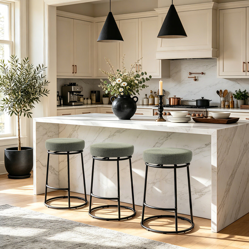Tabouret de bar pivotant sans dossier moderne, tabouret de bar rond rembourré en lin mélangé avec structure en métal, ensemble de 3