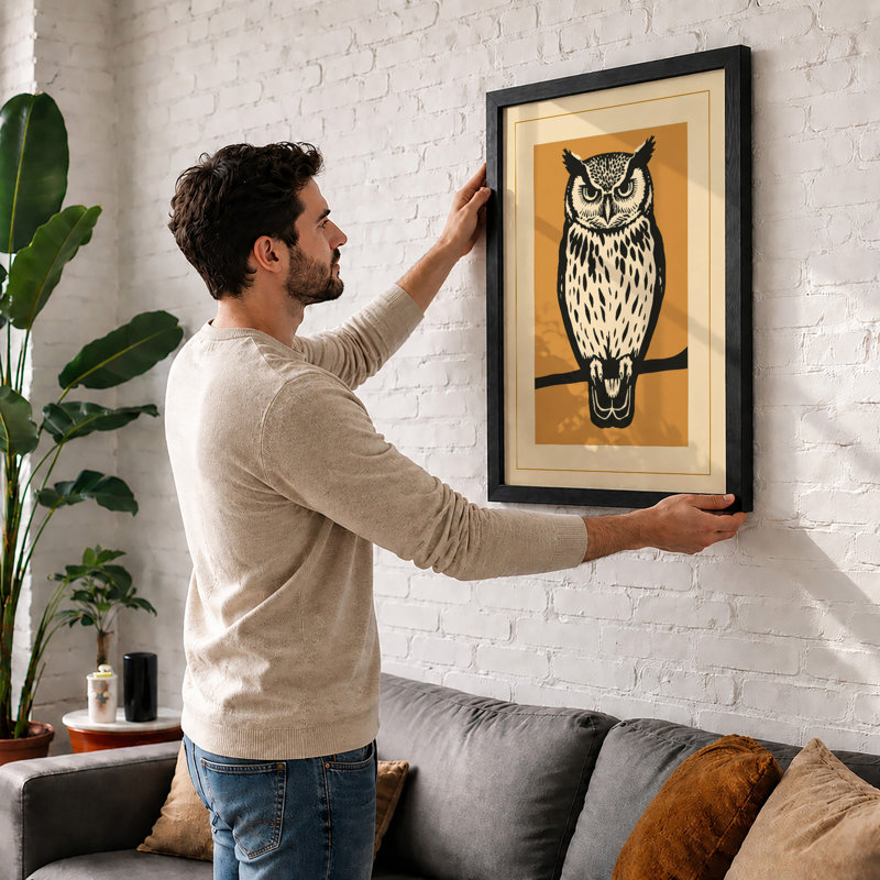 Watchful Owl Japandi - Framed Print, Unframed, A3 - 42.0 x 29.7 cm