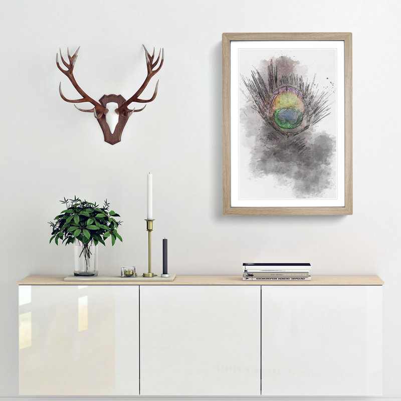 Purple Peacock Feather in Abstract - Picture Frame Graphic Art Print, 91cm H x 60cm W x 2cm D, Oak