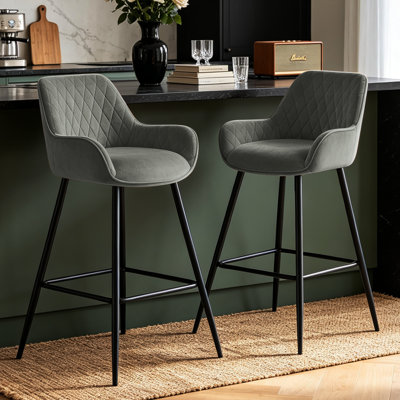 Velvet/Suede Upholstered Bar Stools with Armrests & Diamond-quilted Backrest