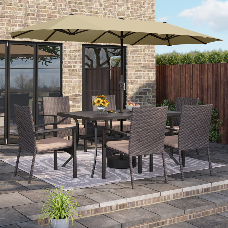 8 Pcs Patio Dining Set 6 Armchairs And Rectangular Table , Umbrella Included, Beige