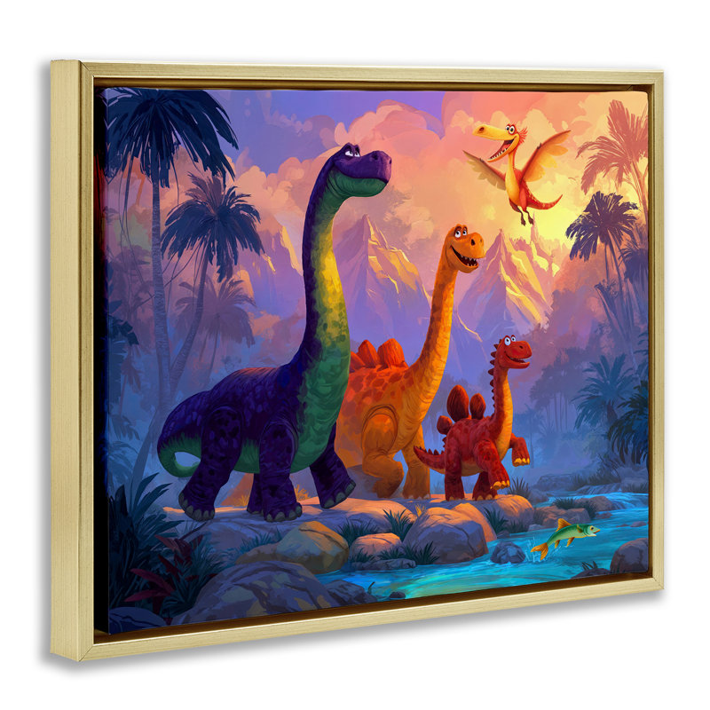Cadre flottant «Dinosaur Friends In The Jungle», design par Wumples, H 25 po x l 31 po, Cadre flottant métallique doré