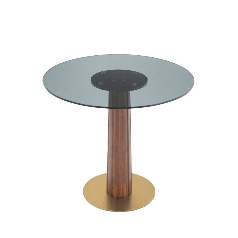 Table de salle à manger pour 2 personnes avec plateau en verre trempé et pieds en bois à finition dorée, capacité de 150 lb, support à garniture moderne d'aspect teinté, convenant à un décor contemporain