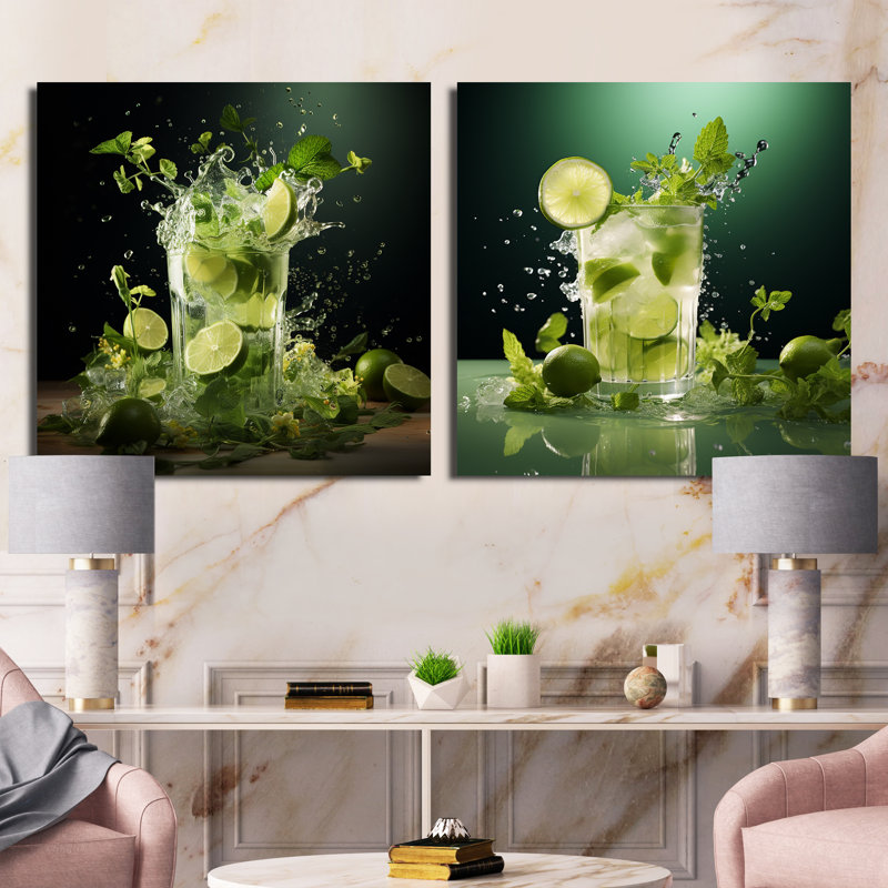 Mojito Cocktail Citrus Blist - Ensemble de 2 collages carrés cocktail, H 30 po x l 61 po, Toile tendue