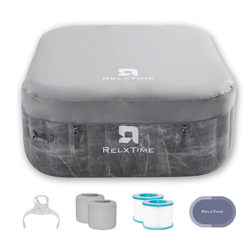 RELXTIME Square Portable Hot Tub 2-4 Person With Hot Tub Cover And Non-slip Seats, Outdoor Inflatable Blow Up Spa With 120 Bubble Jets, Built In Heater Pump, 2 Filter Cartridges