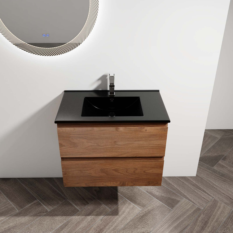 Meuble-lavabo mural avec lavabo en céramique, Brun