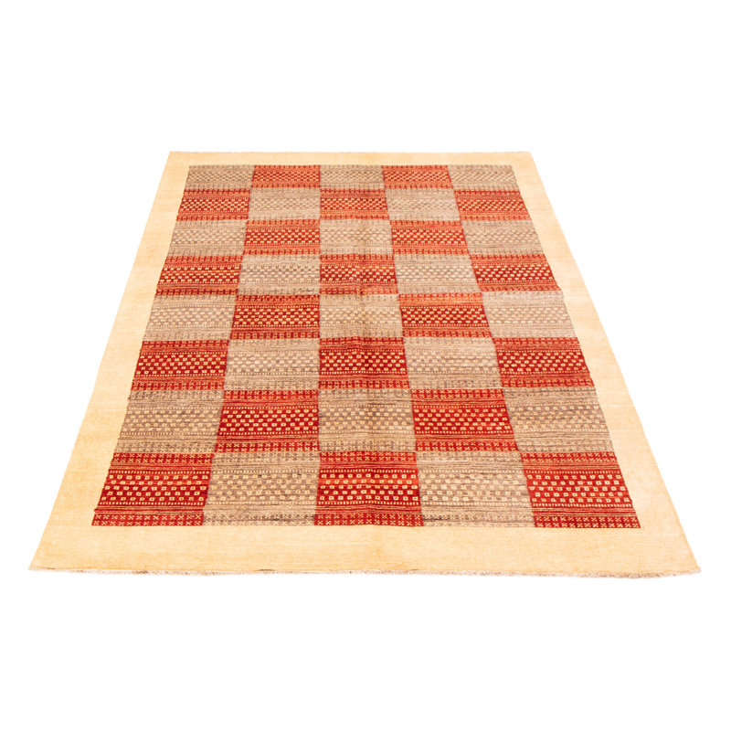 Tapis gris / rouge à motif géométrique fait à la main 6 pi x 9 pi 8 po