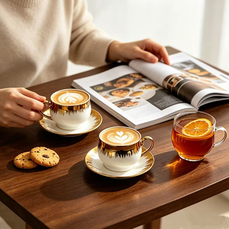 Ensemble de tasse et soucoupe en céramique 3,4 oz avec faîtage vertical et garniture en métal brossé (gobelet rétro)