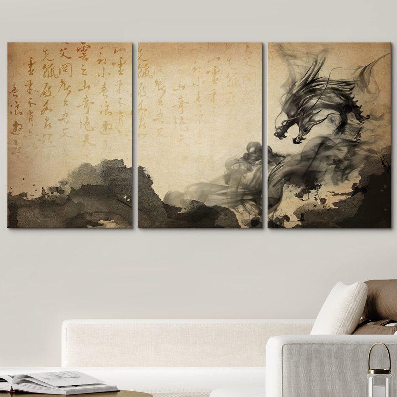 Bicolore sépia fumé dragon avec texte chinois, nature sauvage, illustrations, art moderne, culture, Toile tendue