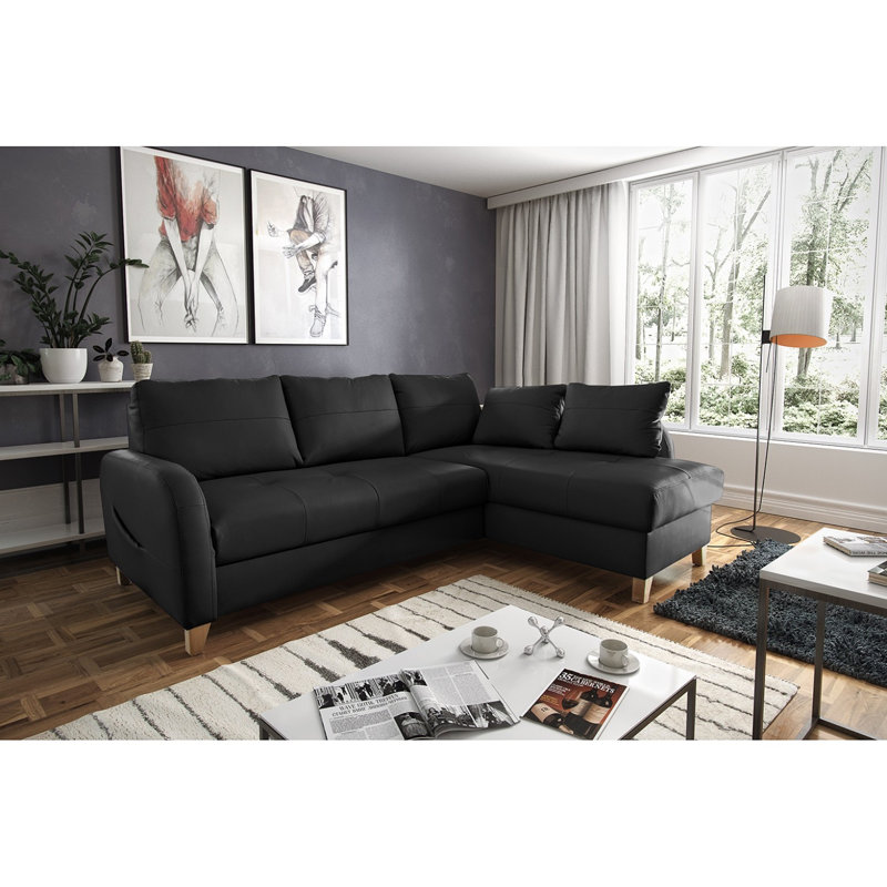 Roger Leather Corner Sofa, Right Hand Facing, Black