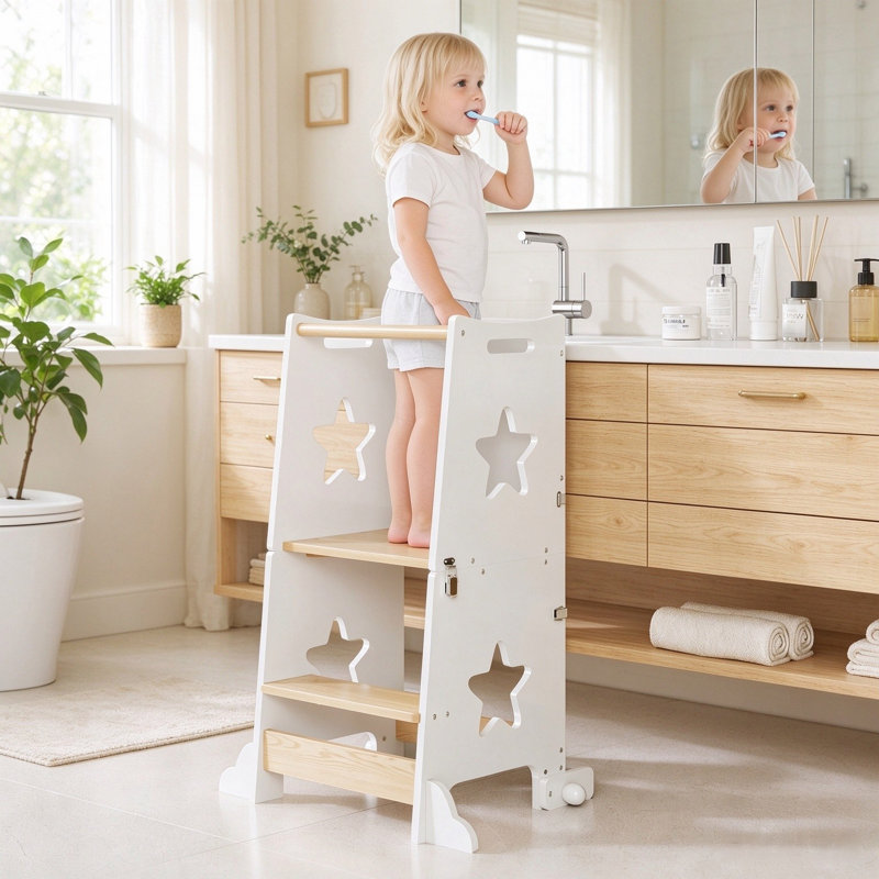 Tour d'apprentissage pour tout-petits avec tableau noir, escabeau pliable pour enfants 3-en-1, tour de cuisine en bois convertible et table d'activité pour tout-petits de 2 à 6 ans