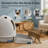 Light gray elevated litter box ramp and steps for kittens and old cats, featuring washable litter-catcher stairs, an anti-tracking mat pedal with a filter, and easy-clean construction for automatic cat litter boxes.