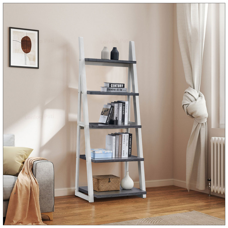 Bibliothèque à 5 niveaux avec cadre en bois d'hévéa, Blanc