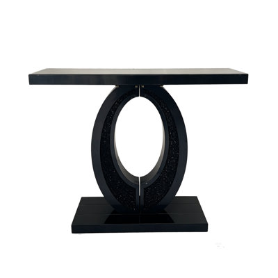Console moderne et glamour avec miroir et incrustations de diamants broyés, table d'appoint pour entrée, salon, couloir ou hall d'entrée, noire