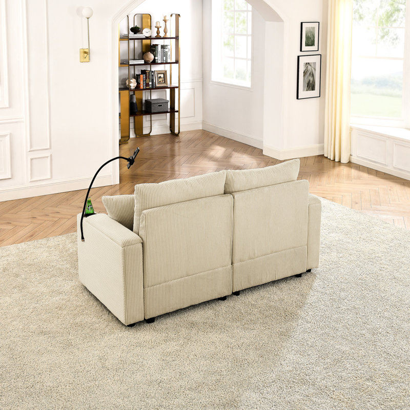 Velours côtelé beige et fonction de rangement, siège profond de 22,5 po, salon moderne, porte-gobelets et ports de chargement pour téléphone avec rangement, conception, siège, pour chambre