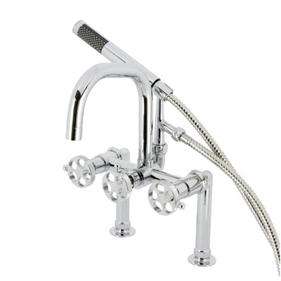 Kingston Brass Webb Three-Handle 2-Hole Deck Mount Clawfoot Tub Faucet with Knurled Handle and Hand Shower