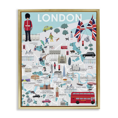 London Landmark Map  Framed Floater Canvas Wall Art by Betty Boynes