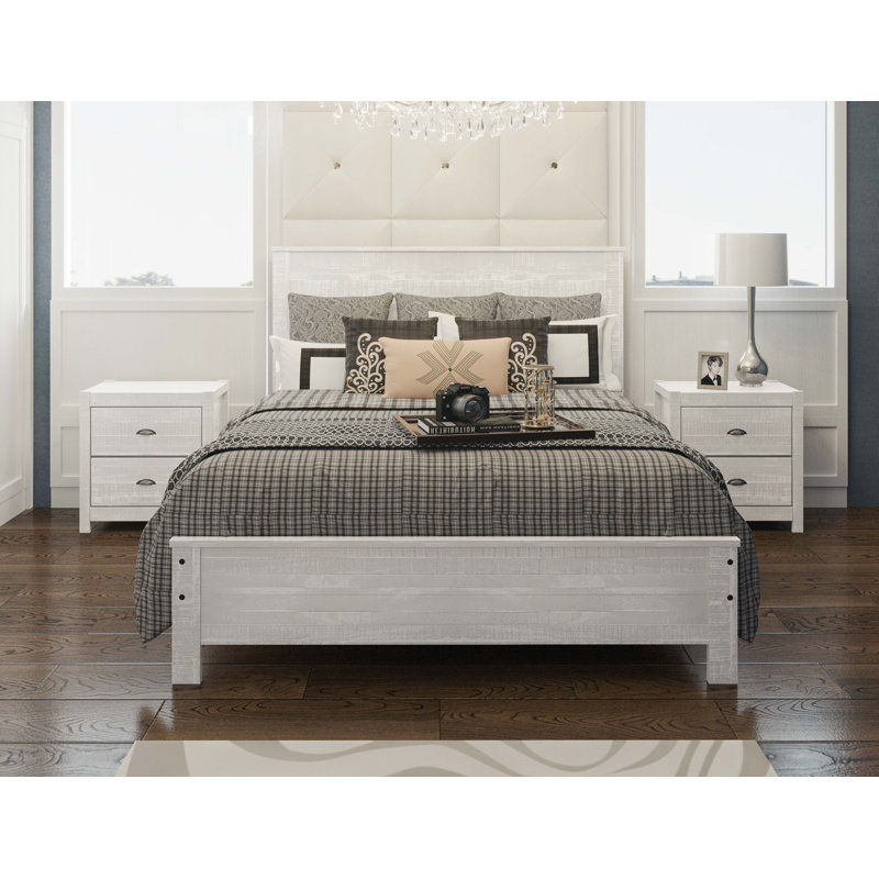 Cadre de lit en bois massif robuste avec 2 tables de chevet Albany, Double, Blanc