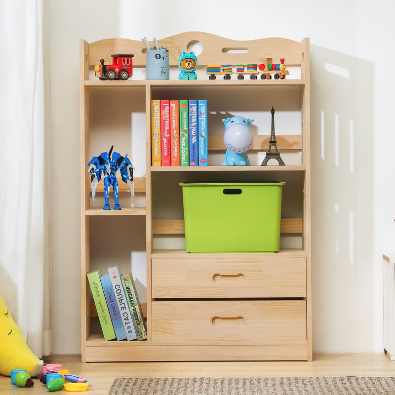 Bibliothèque 48 "H 48,4" x l 33,1 "x P 11" en bois naturel avec 2 tiroirs, étagère de rangement pour le salon