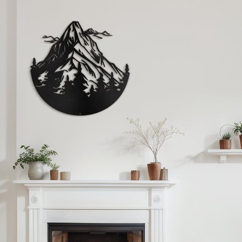 Montagnes et pins, décoration murale abstraite moderne minimaliste, décoration murale en métal, Noir