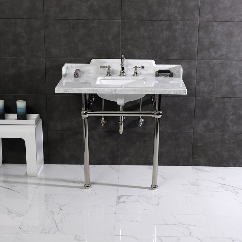 Kingston Brass Pemberton 36-Inch Carrara Marble Console Sink with Brass Legs (8-Inch, 3-Hole), Marble White/Polished Nickel