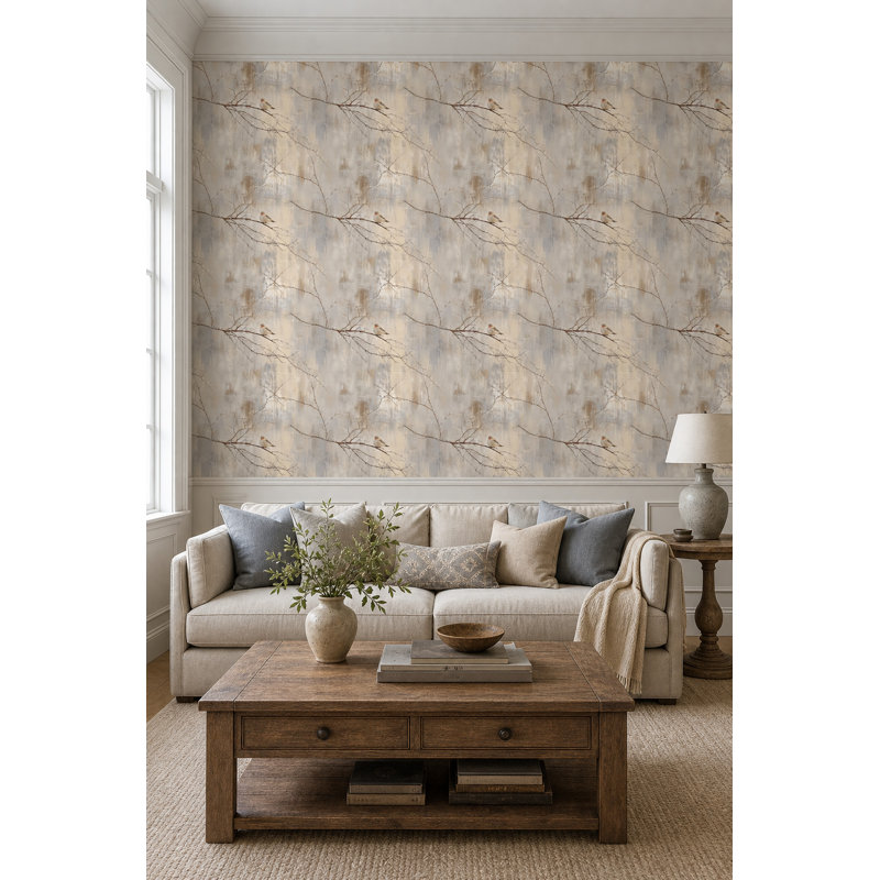 Papier peint oiseaux d'hiver avec branches nues style scandinave, Peel and Stick