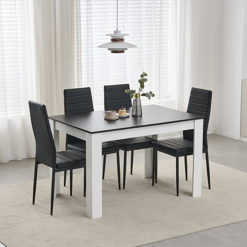 Walnut White 5-Piece Expandable Dining Table Set with 4 Upholstered Chairs, 120-150cm Extendable Table for 4-6 People, Modern Space-Saving Dining Set