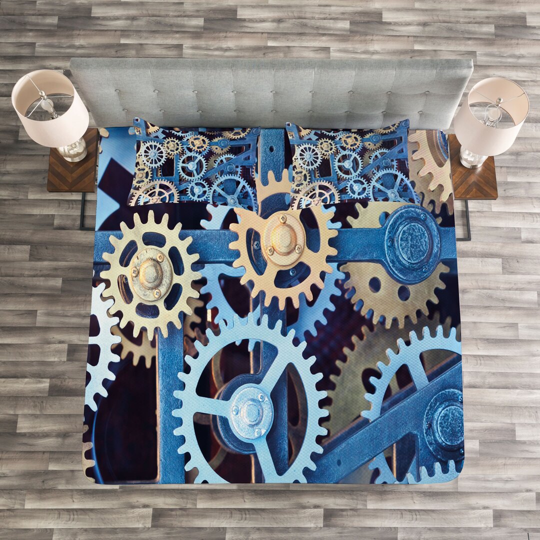 Gestepptes Bettdecken-Set, Clock Gears Entwurf, mechanisch, Blau und Sand Braun