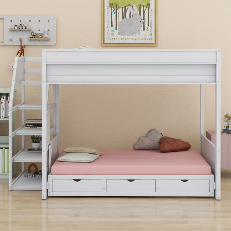 Convertible Bunk Bed With Storage Staircase,Bedside Table,And 3 Drawers, White