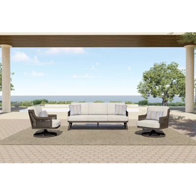 Ludovic 3-Piece Metal & Polyester Patio Set With Sofa And Swivel Chairs, Brown