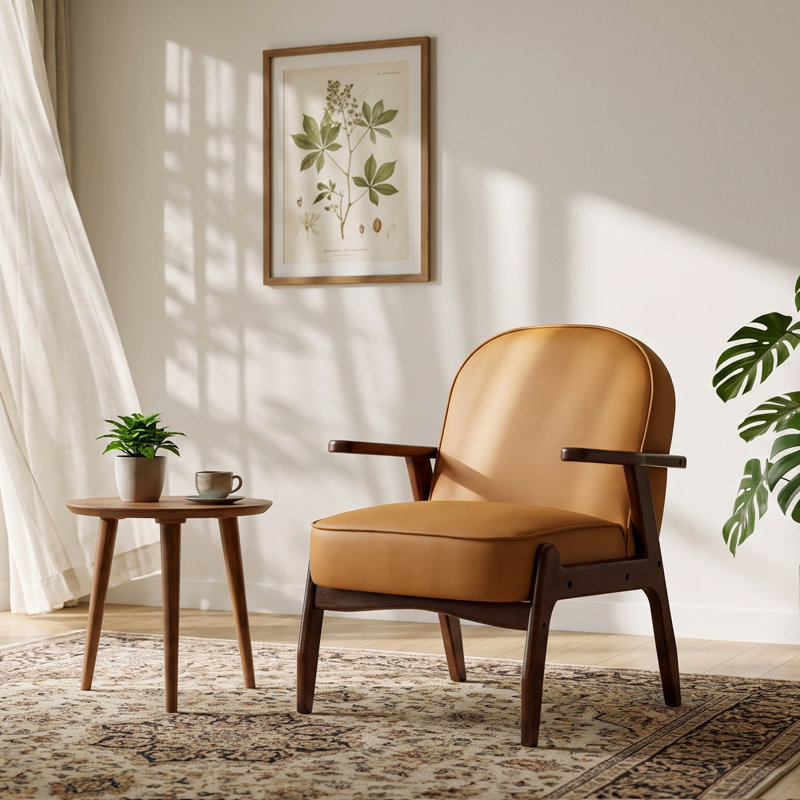 Fauteuil rembourré de style moderne du milieu du siècle avec structure en bois massif (ensemble de 2), Similicuir jaune