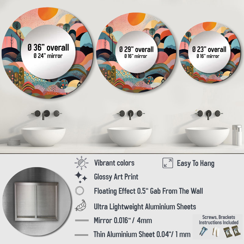 Pellie Pink Blue Minimalims Explosion - Minimalism Mirror, Modern Decorative Wall Mirror, Printed Metal Art, 29" x 29", Round
