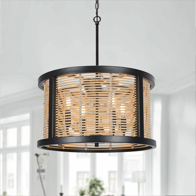 4-Light Farmhouse Rattan Cage Dimmable Chandelier with Black Finish and Adjustable Height