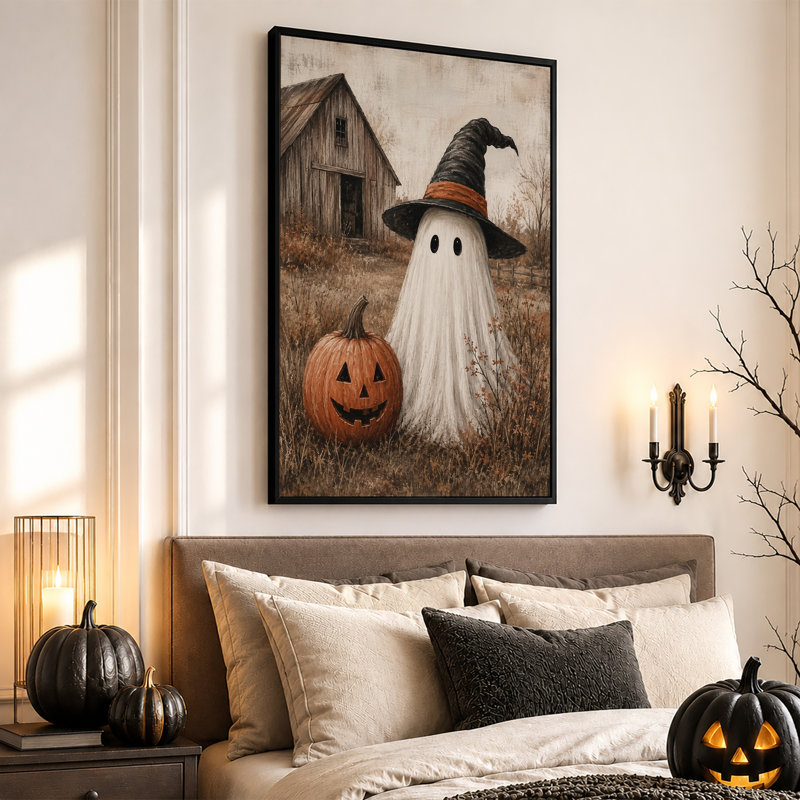 Art mural blanc sur toile Halloween, H 30 po x l 20 po