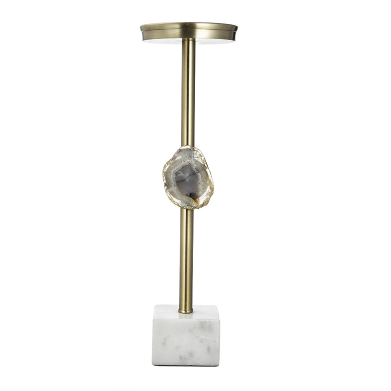 Porte-bougie pilier avec tige dorée, pierre d'agate intégrée, 15 pouces blanc