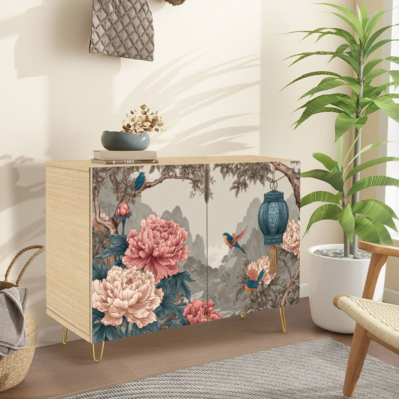 Buffet buffet avec rangement Lanterne chinoise hirondelles pivoines paysage de montagne brumeux avec 2 portes pour le salon et la cuisine