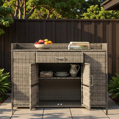 Outdoor Weather-proof Rattan Storage Cabinet With Tempered Glass Desktop, Large Drawer And Adjustable Shelves