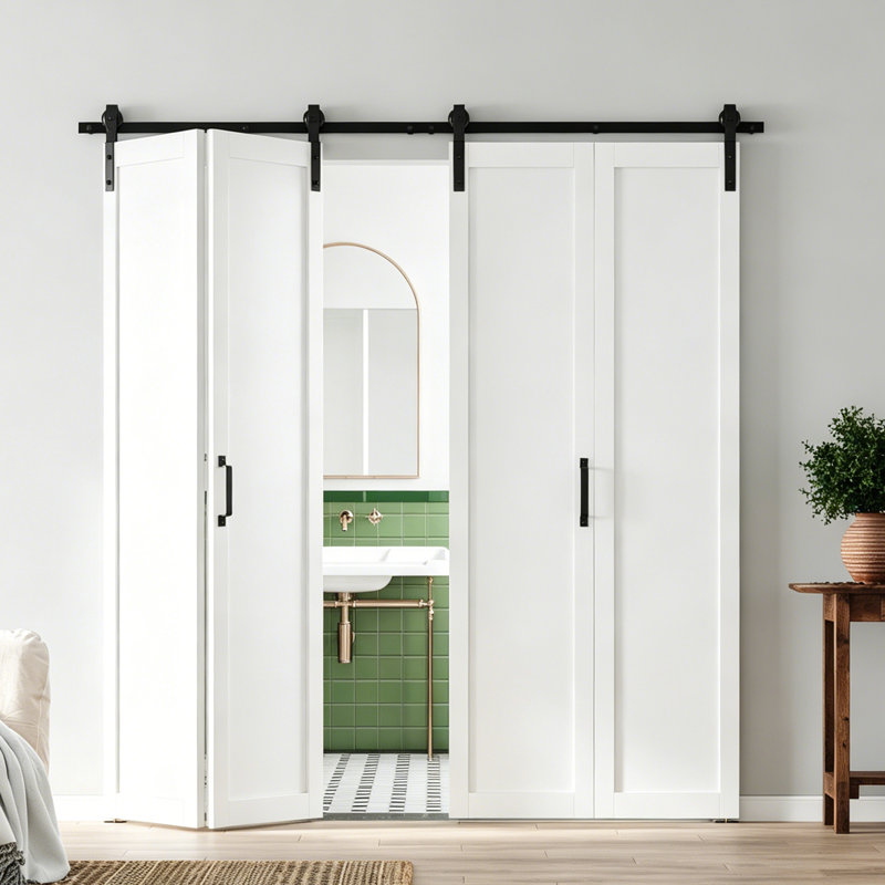 Porte de grange pliante en bois MDF double avec quincaillerie intérieure, blanc, 60" x 84"