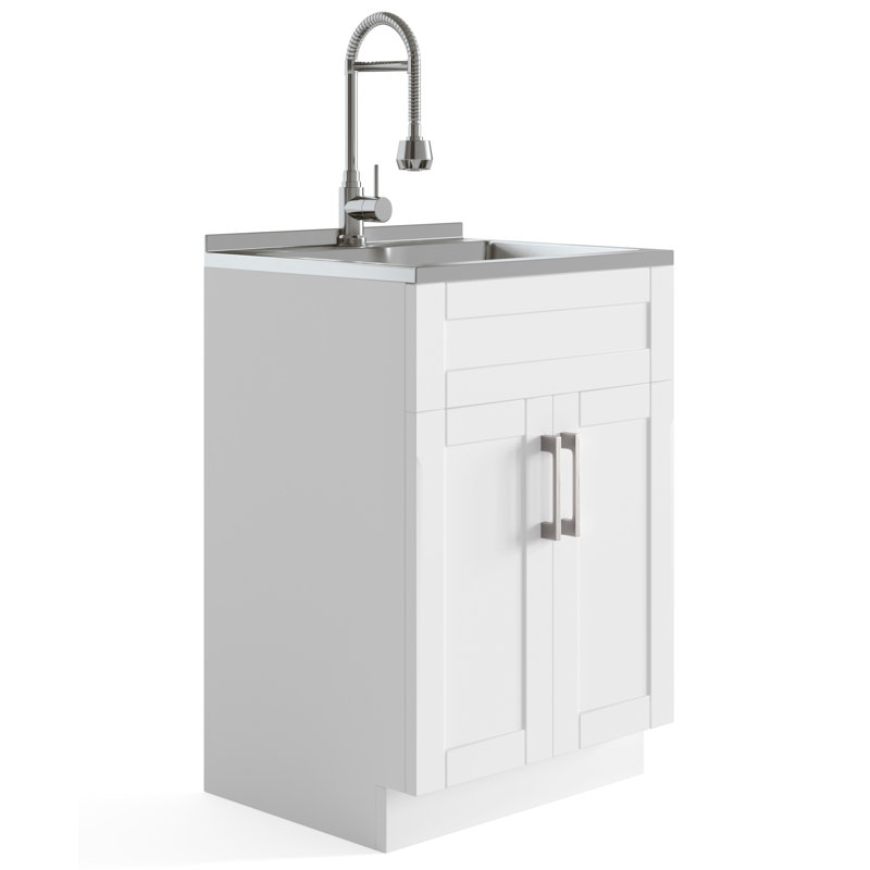 Hennessy 24"W Utility Sink & Laundry Cabinet with High Arc Faucet and Stainless Steel Sink, Pure White, Single, Center