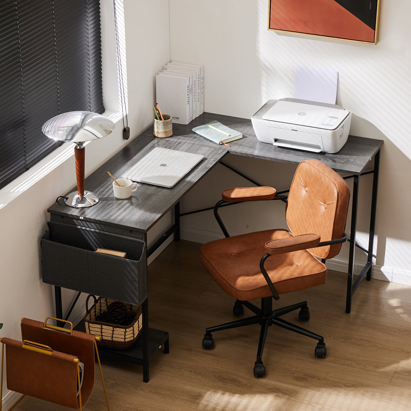 Hussan L-Shaped Metal Base Computer Desk, Gray Stand