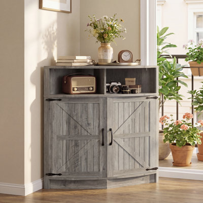 33" Tall Farmhouse Corner Cabinet with Barn Doors, Wooden Corner Storage Organizer with Open Display Shelf and Hidden Storage for Living Room, Kitchen, Bathroom, Grey