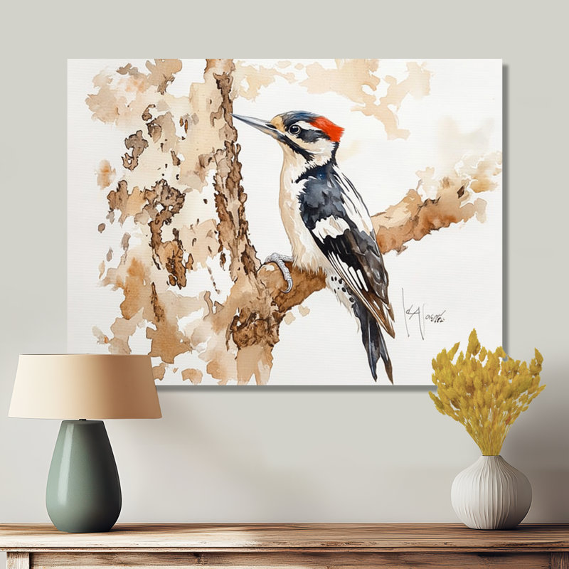 Woodpecker On Tree I - oiseau, décoration murale en métal, impression moderne sur métal, H 12 po x l 20 po