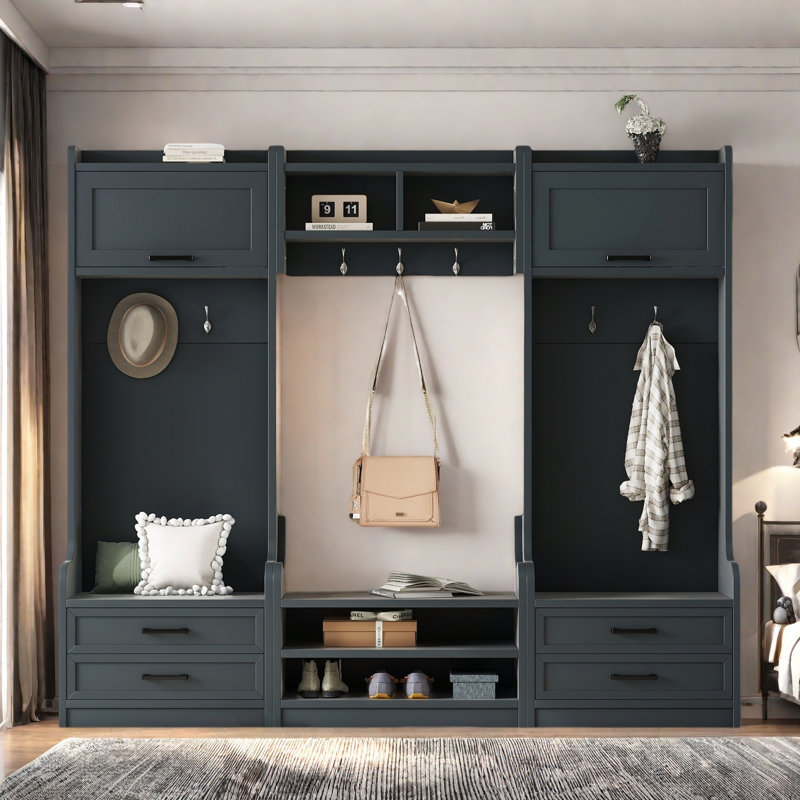 4-in-1 Entryway Hall Tree with Storage Cabinets, Drawers & Coat Hooks, Blue
