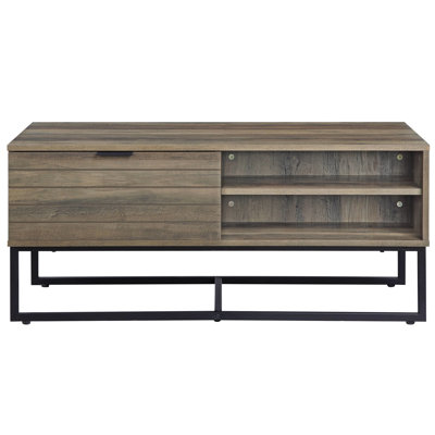 Metal Legged Coffee Table With Pu Paper Veneer In Rustic Oak Finish Black And Storage Compartments Shelves
