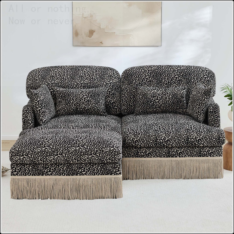 Canapé modulaire en chenille à imprimé léopard, 2 sièges en forme de L, Chenille kaki