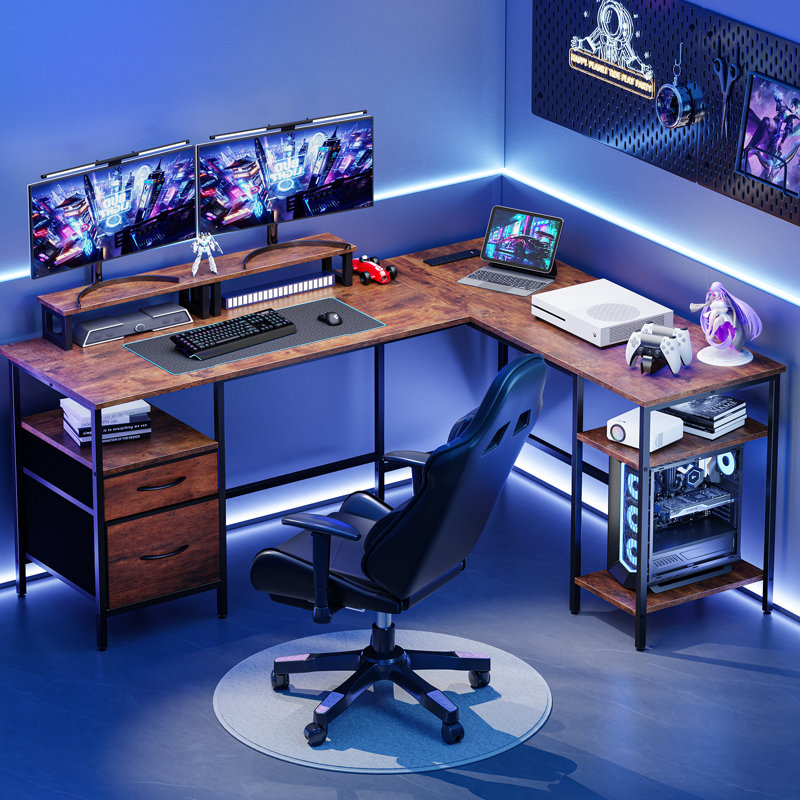 L Shaped Desk with Storage Shelves,Reversible Computer Desk with Built-in Outlets and Moniter Stand, Rustic Brown/Black