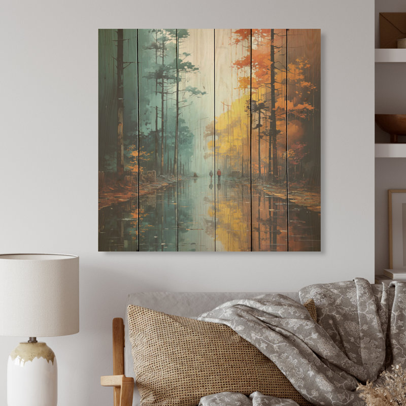 «Autumn Forest Solitude», art mural bois de forêt sur bois de pin naturel, H 15 po x l 15 po