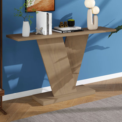 Console avec base en forme de V, tables de canapé minimalistes classiques avec placage en bois naturel pour le salon du vestibule