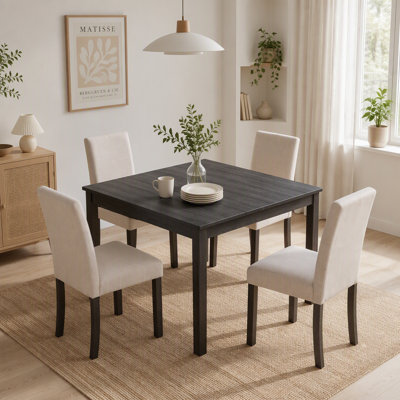 5-Piece Space-Saving Dining Set for 4, 39" Square Kitchen Table with 4 Fabric Chairs, Antique Black & Beige, Compact Dinette for Apartment