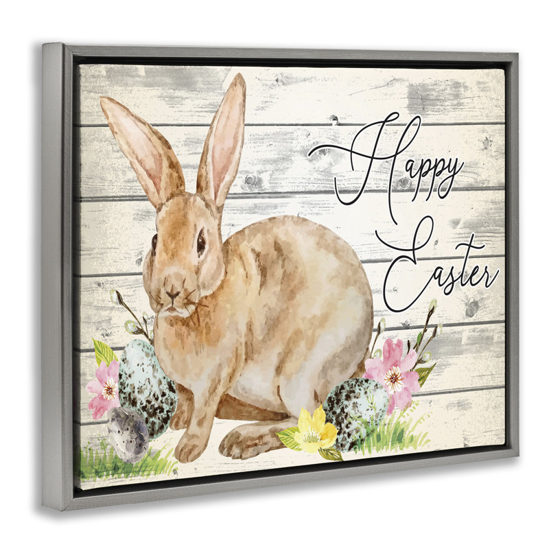 Lapin de printemps et joyeuses Pâques, H 21 po x l 17 po, Cadre flottant gris lustré